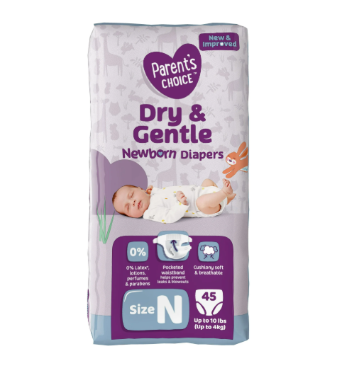 Parent's Choice Dry & Gentle Diapers Size Newborn, 44 Count