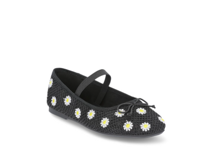 GIRLS SHOES FLATS BLACK Size- 6, Fashion Mesh Floral Ballet Dress Shoes