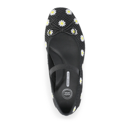 GIRLS SHOES FLATS BLACK Size- 6, Fashion Mesh Floral Ballet Dress Shoes