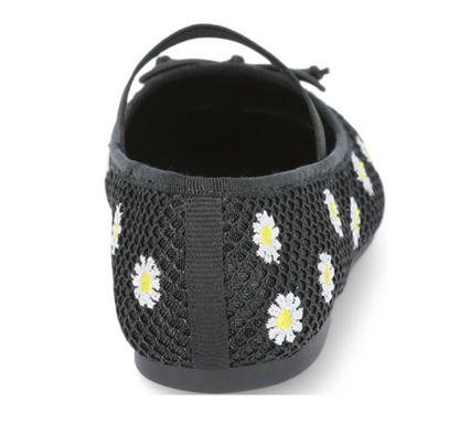 GIRLS SHOES FLATS BLACK Size- 6, Fashion Mesh Floral Ballet Dress Shoes