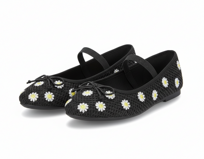 GIRLS SHOES FLATS BLACK Size- 6, Fashion Mesh Floral Ballet Dress Shoes