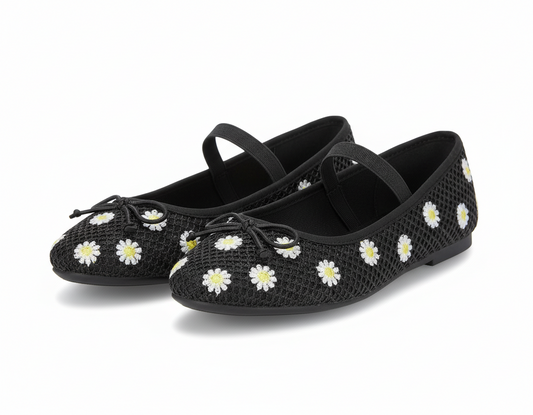 GIRLS SHOES FLATS BLACK Size- 6, Fashion Mesh Floral Ballet Dress Shoes